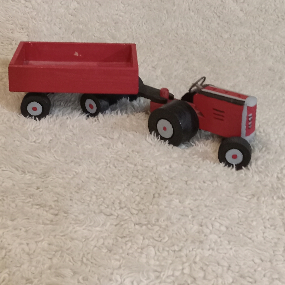 Red Wooden Tractor with Trailer